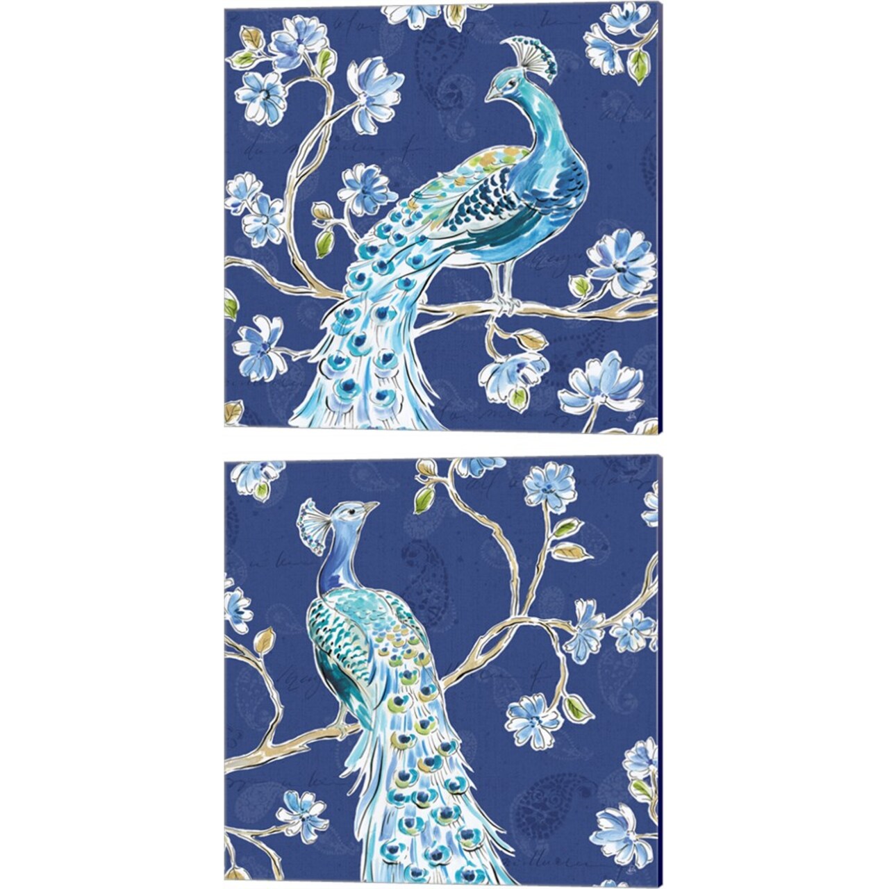 Peacock Allegory Blue by Daphne Brissonnet 14" x 14" Canvas Wall Art (Set of 2)